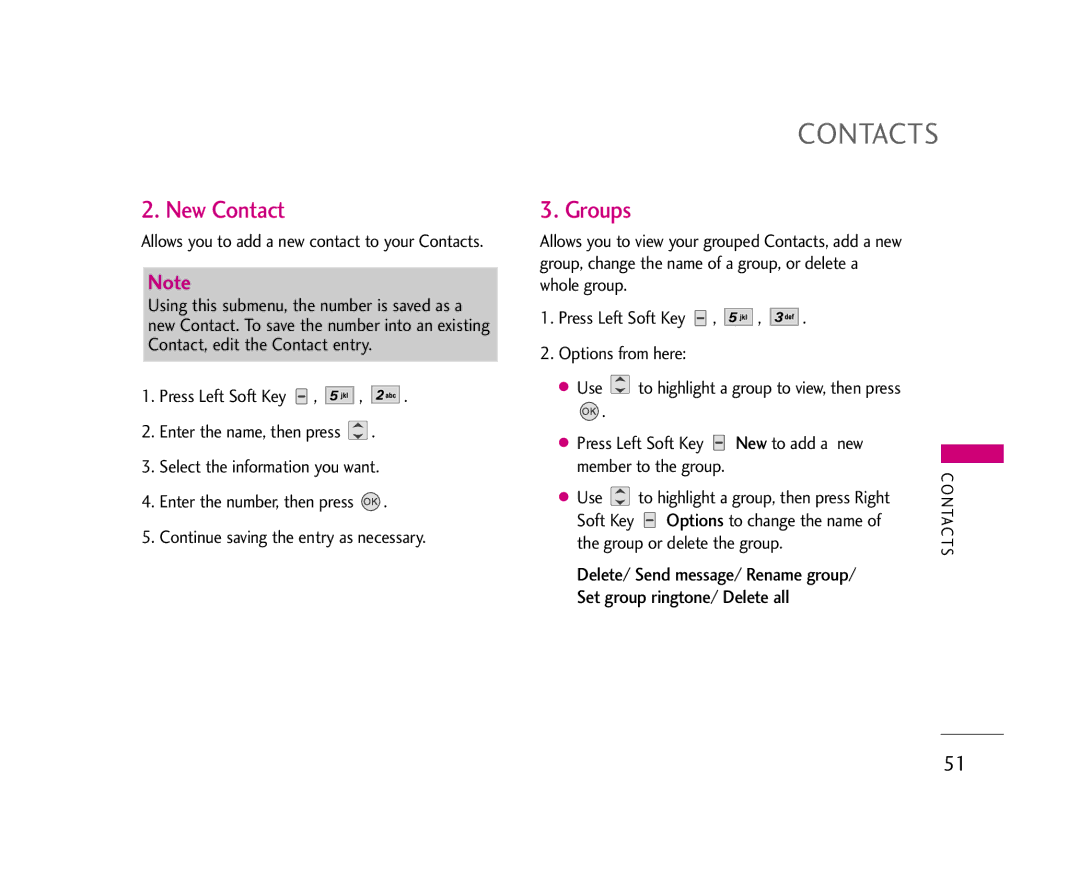 LG Electronics AX275 manual New Contact, Groups, Options from here Use, Use To highlight a group, then press Right 