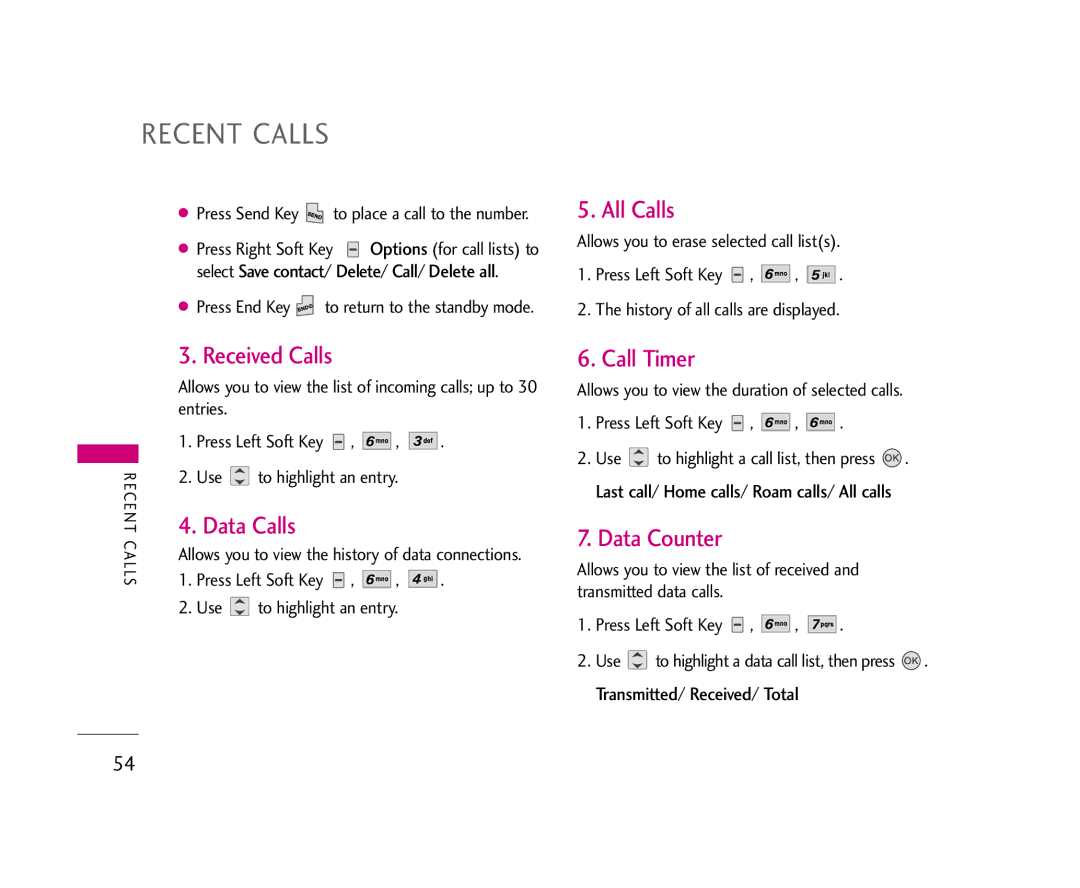 LG Electronics AX275 manual All Calls, Received Calls, Data Calls, Call Timer, Data Counter 