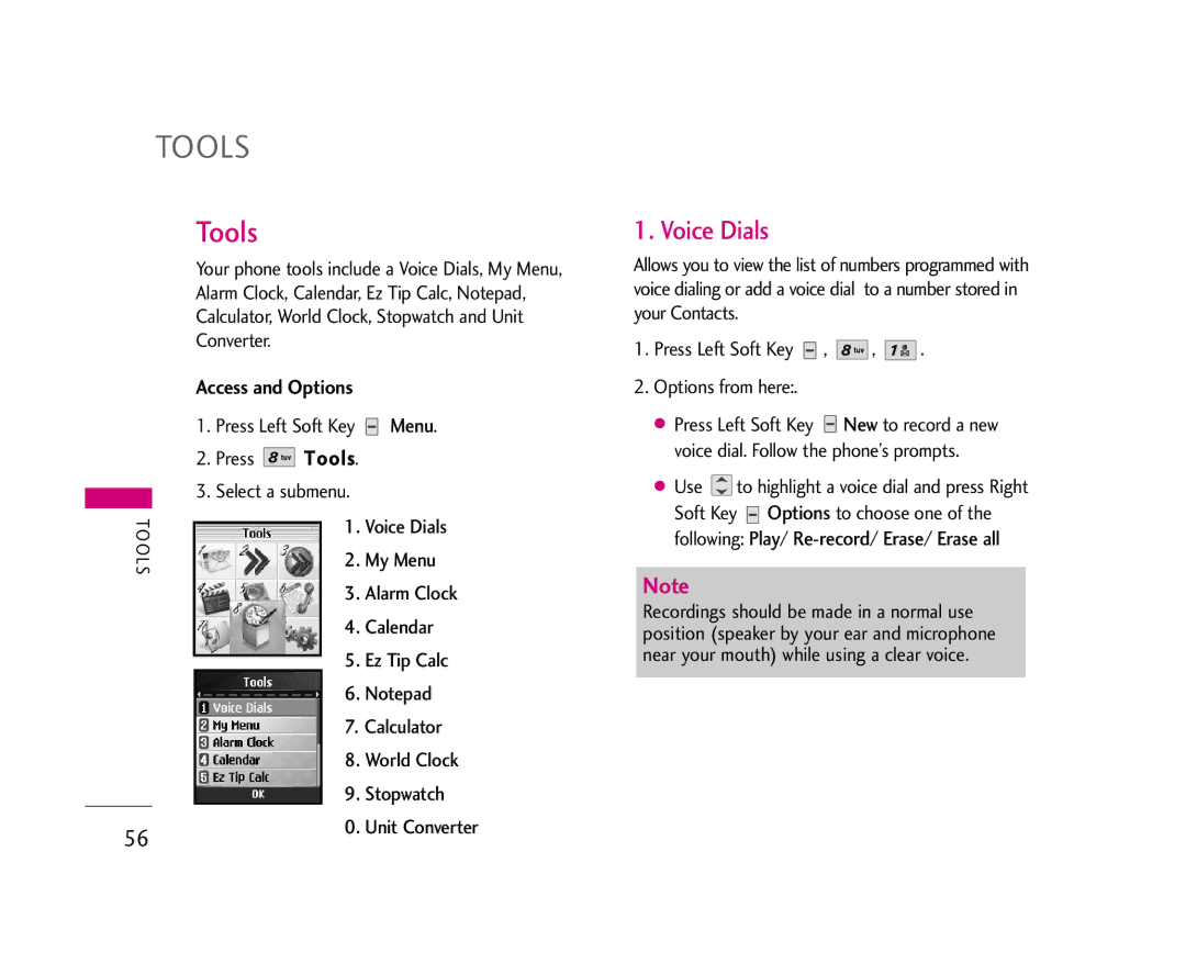 LG Electronics AX275 manual Tools, Voice Dials 