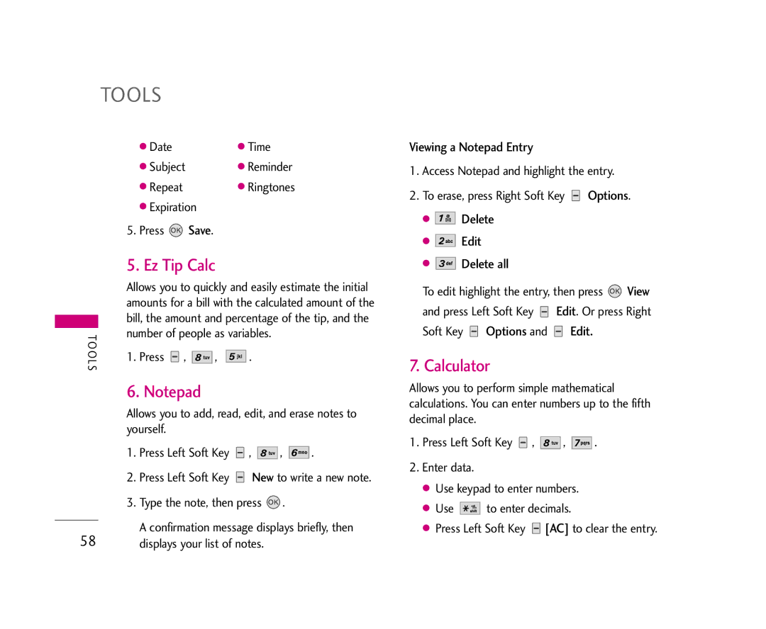 LG Electronics AX275 Ez Tip Calc, Calculator, Viewing a Notepad Entry, Delete Edit Delete all, Soft Key Options and Edit 