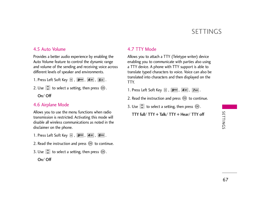 LG Electronics AX275 manual Auto Volume, Airplane Mode, TTY Mode, TTY full / TTY + Talk / TTY + Hear / TTY off 