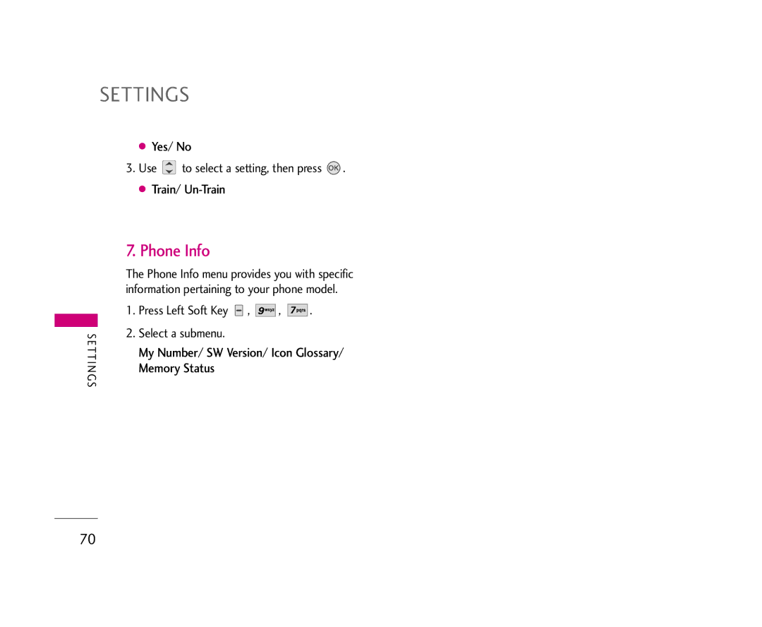 LG Electronics AX275 manual Phone Info, Yes/ No, Train/ Un-Train, My Number/ SW Version/ Icon Glossary/ Memory Status 