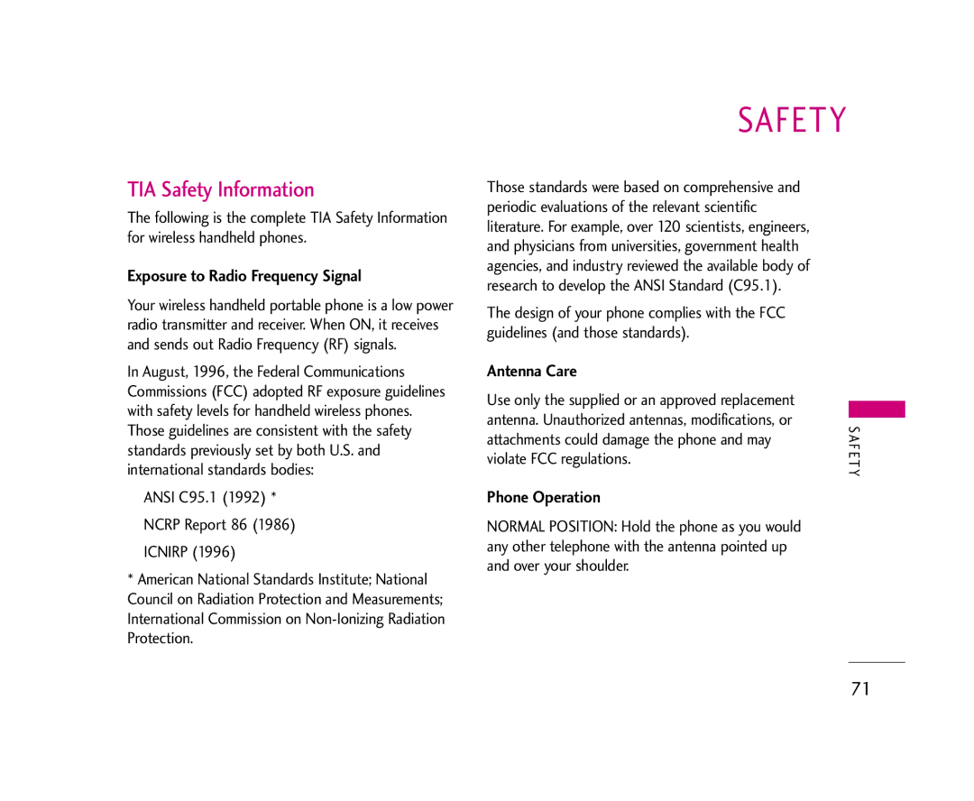 LG Electronics AX275 manual TIA Safety Information, Exposure to Radio Frequency Signal, Antenna Care, Phone Operation 