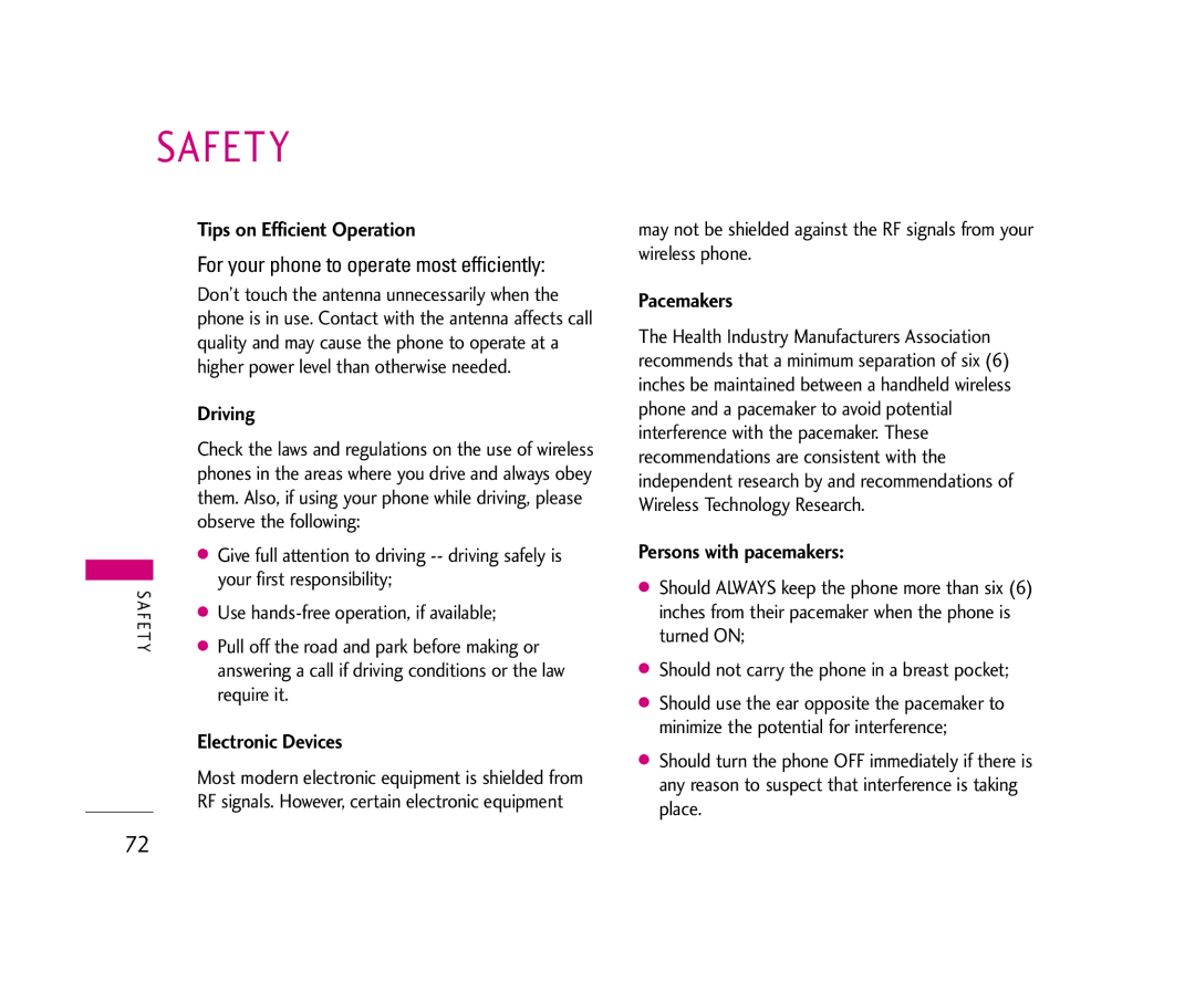 LG Electronics AX275 manual Tips on Efficient Operation, Driving, Electronic Devices, Pacemakers, Persons with pacemakers 