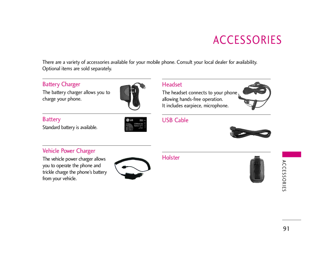 LG Electronics AX275 manual Accessories, Battery Charger, Headset, Battery USB Cable, Vehicle Power Charger Holster 