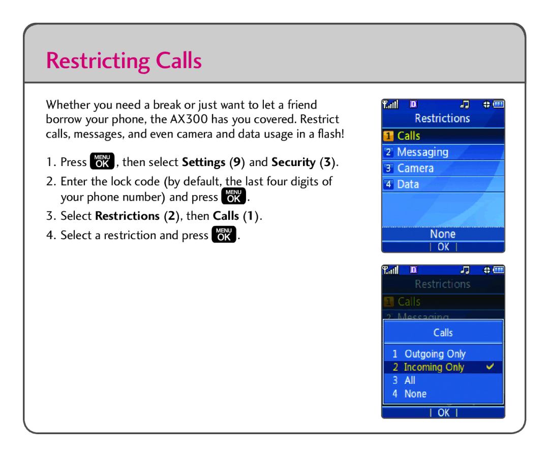 LG Electronics AX300 quick start Restricting Calls 