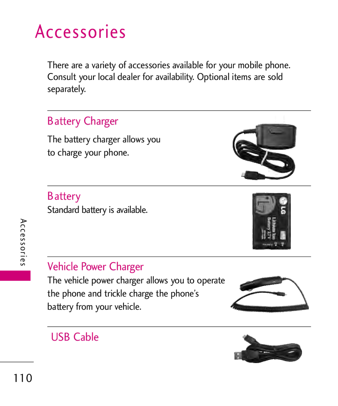 LG Electronics AX310, MMBB0347401 manual Accessories, Battery Charger, Vehicle Power Charger, USB Cable 