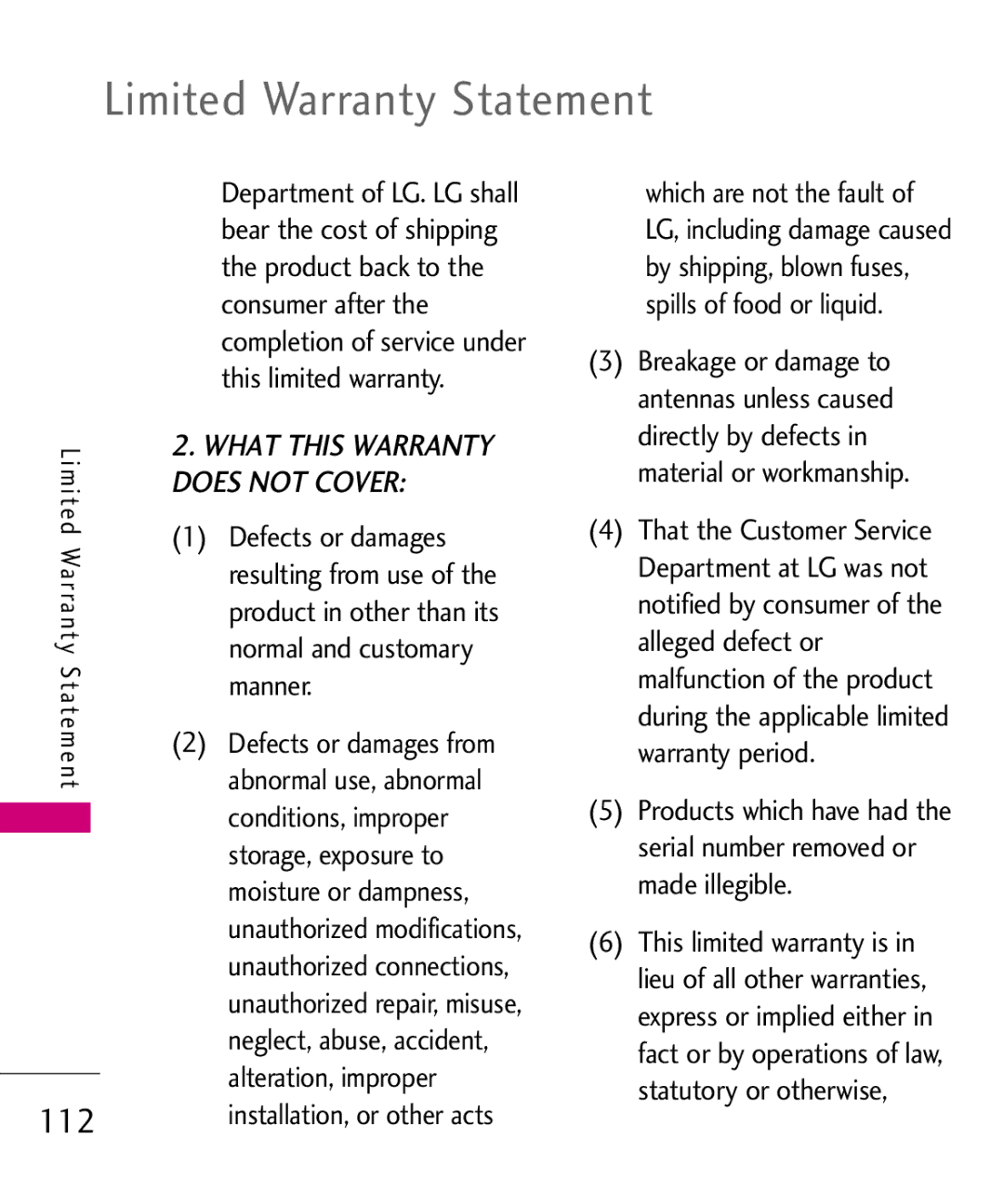 LG Electronics AX310, MMBB0347401 manual Limited Warranty Statement, 112 