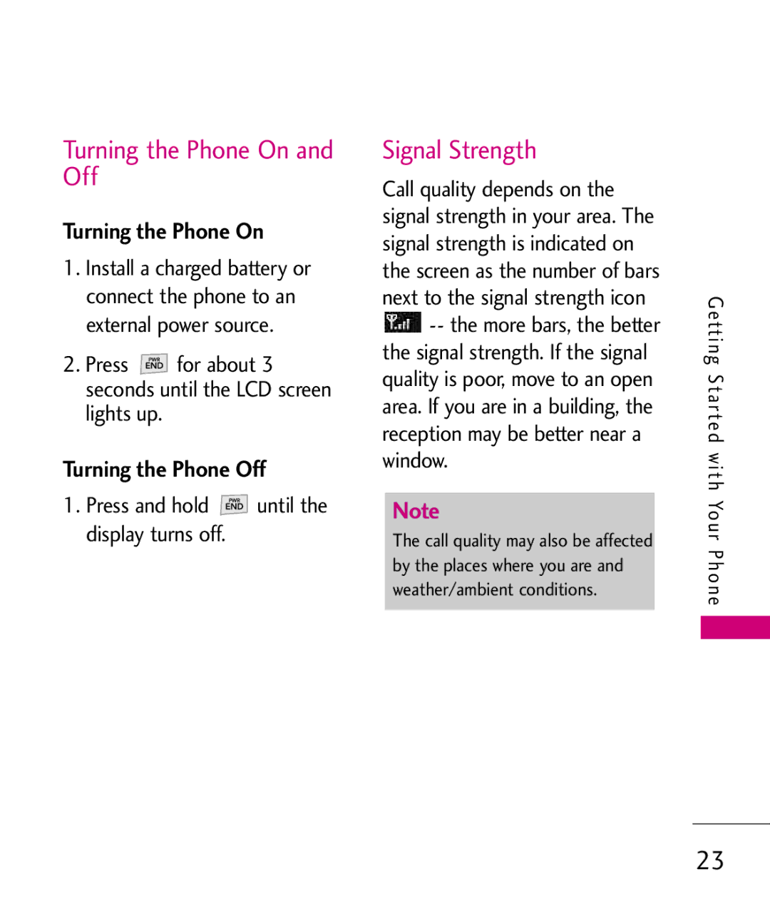 LG Electronics MMBB0347401, AX310 manual Turning the Phone On and Off, Signal Strength, Turning the Phone Off 