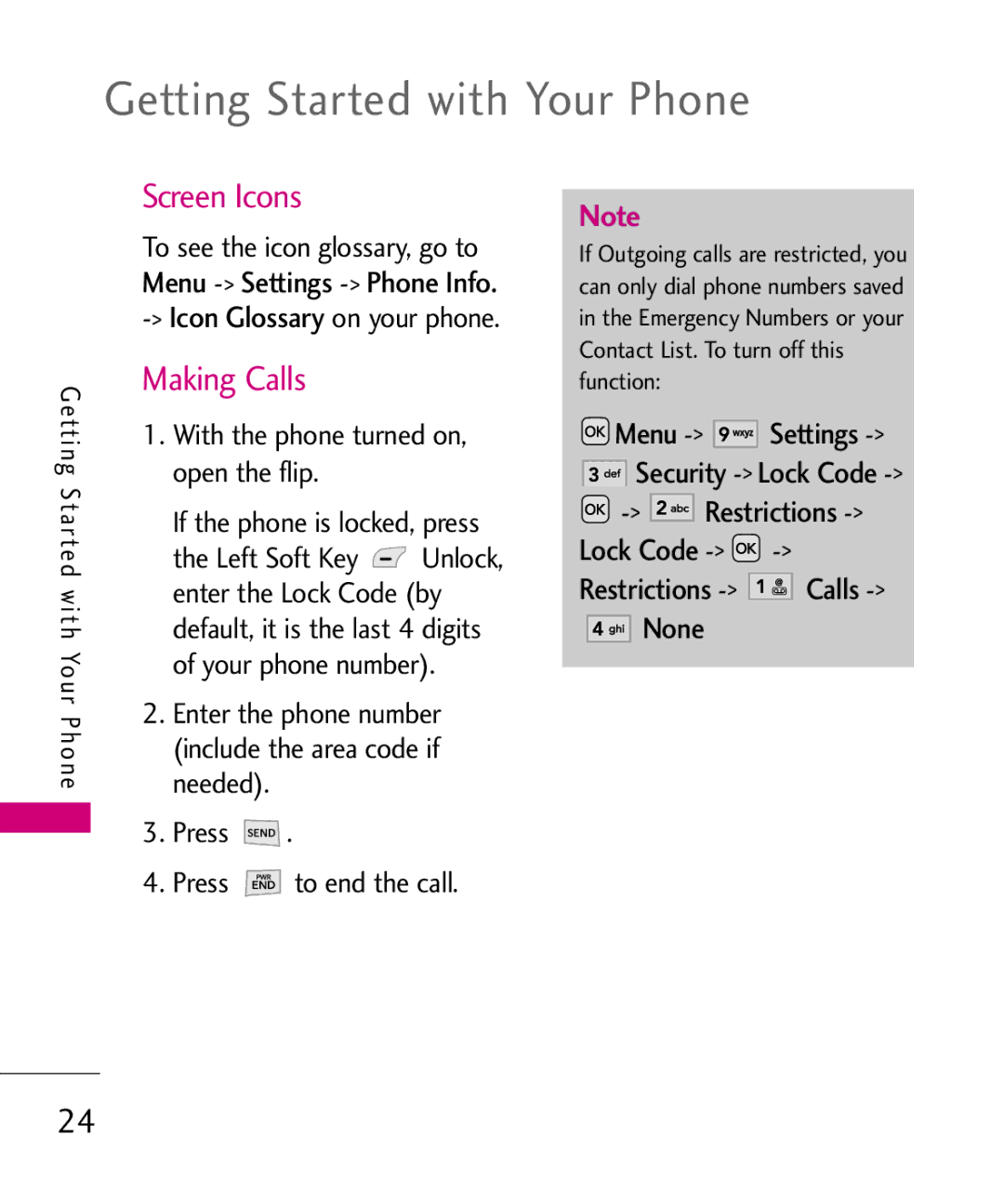 LG Electronics AX310, MMBB0347401 manual Screen Icons, Making Calls, Icon Glossary, Restrictions Calls None 