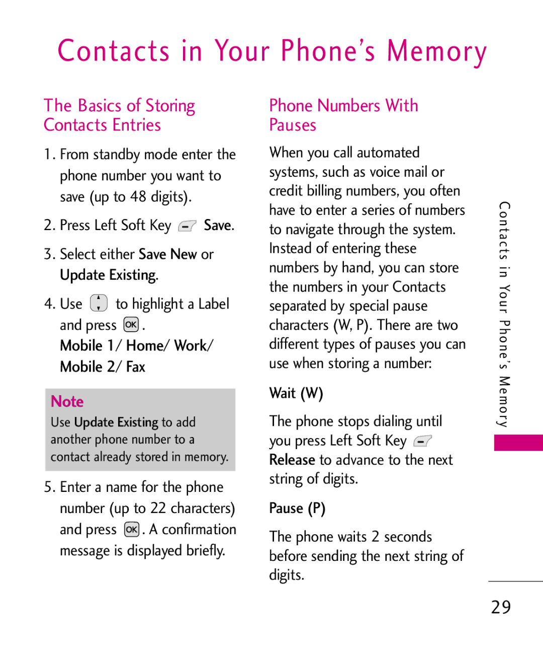 LG Electronics MMBB0347401, AX310 manual Phone Numbers With Pauses, Mobile Fax, Press Left Soft Key Save 