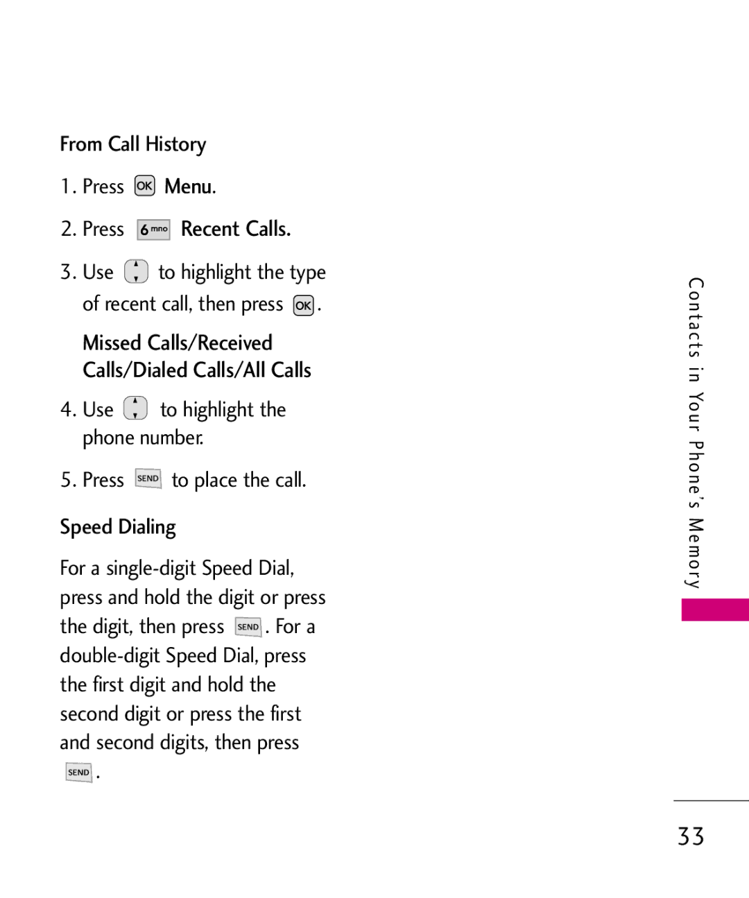 LG Electronics MMBB0347401, AX310 manual Press Recent Calls, From Call History Press Menu 