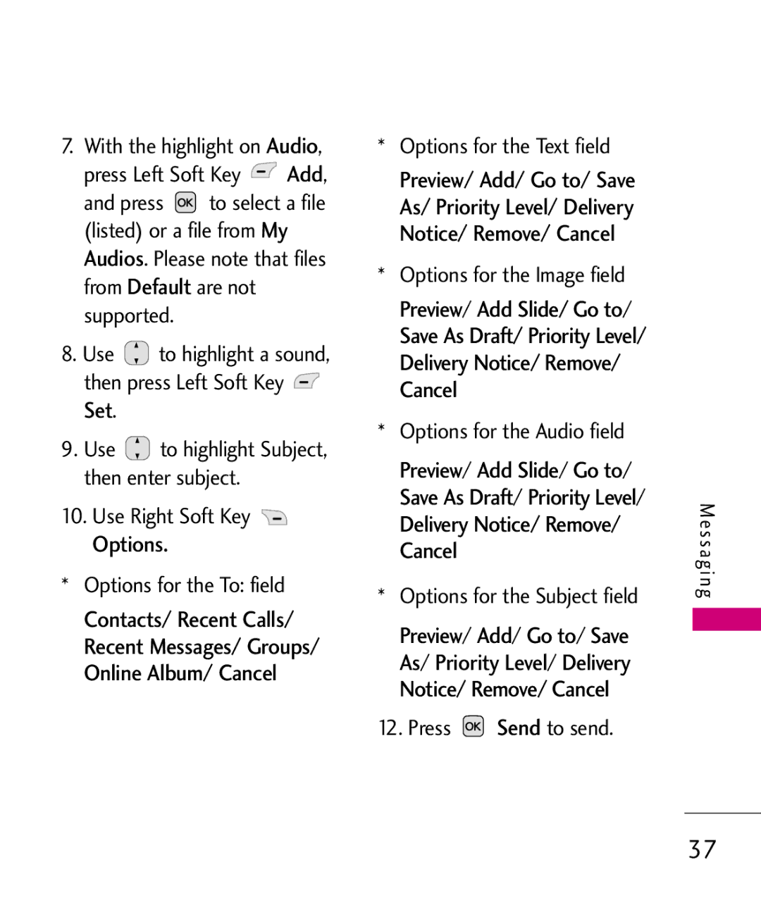 LG Electronics MMBB0347401, AX310 manual With the highlight on Audio, Use to highlight a sound, then press Left Soft Key Set 