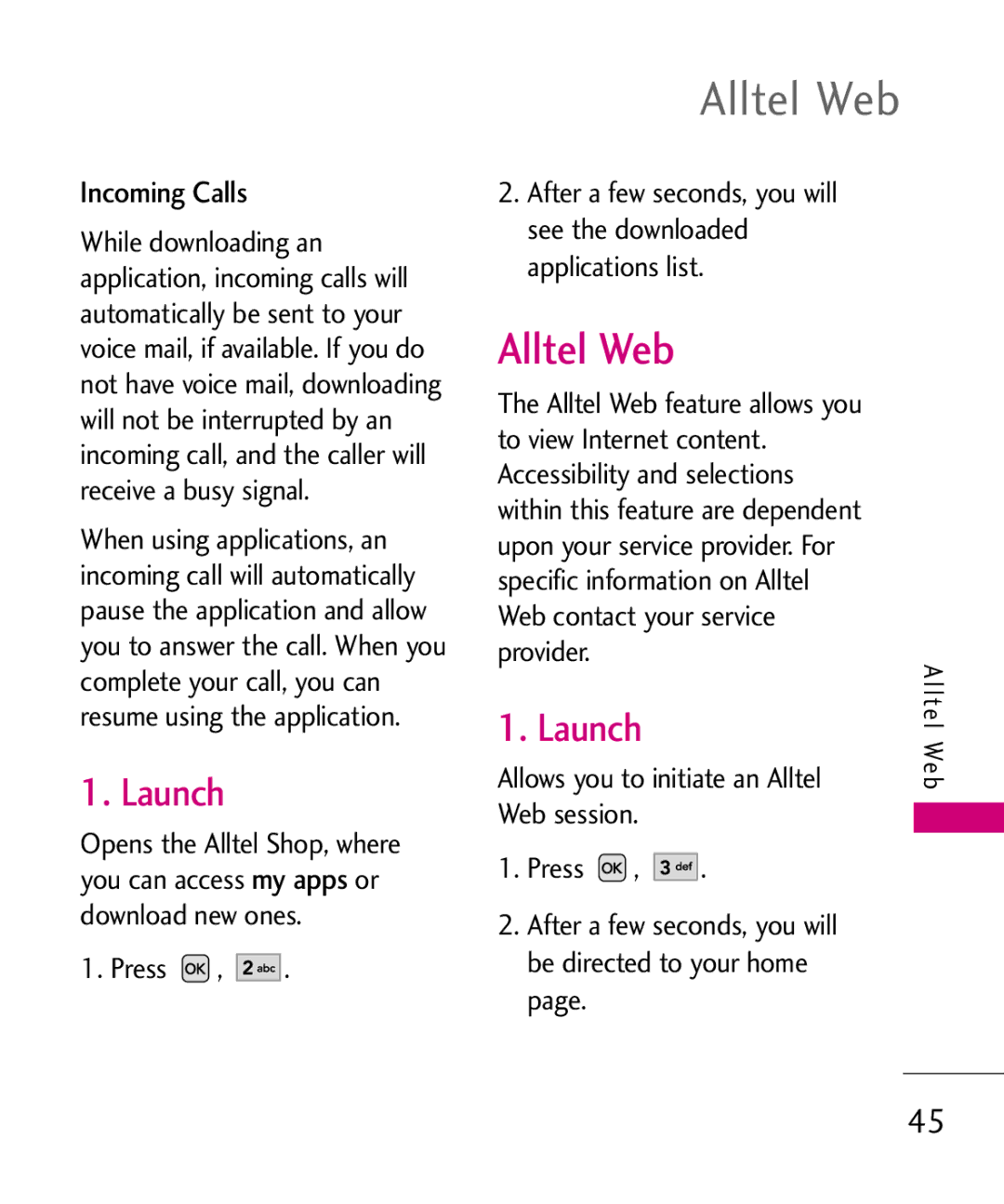 LG Electronics MMBB0347401, AX310 manual Alltel Web, Launch, Incoming Calls 