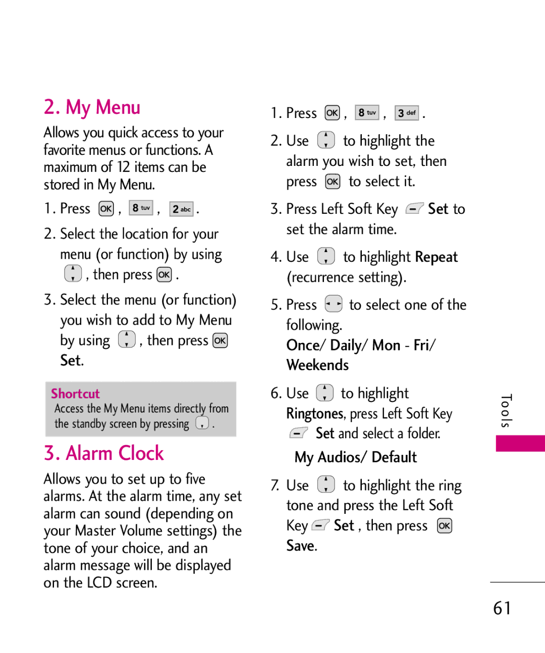 LG Electronics MMBB0347401, AX310 manual My Menu, Alarm Clock, My Audios/ Default, Use To highlight, Set and select a folder 