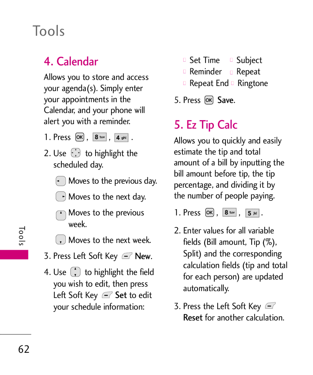 LG Electronics AX310, MMBB0347401 manual Calendar, Ez Tip Calc, Week 