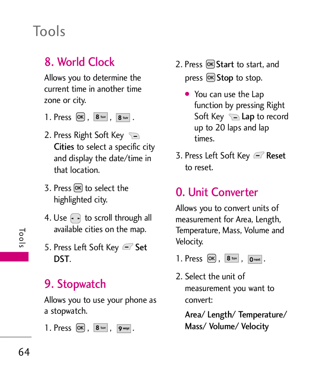 LG Electronics AX310, MMBB0347401 manual World Clock, Stopwatch, Unit Converter, Cities 