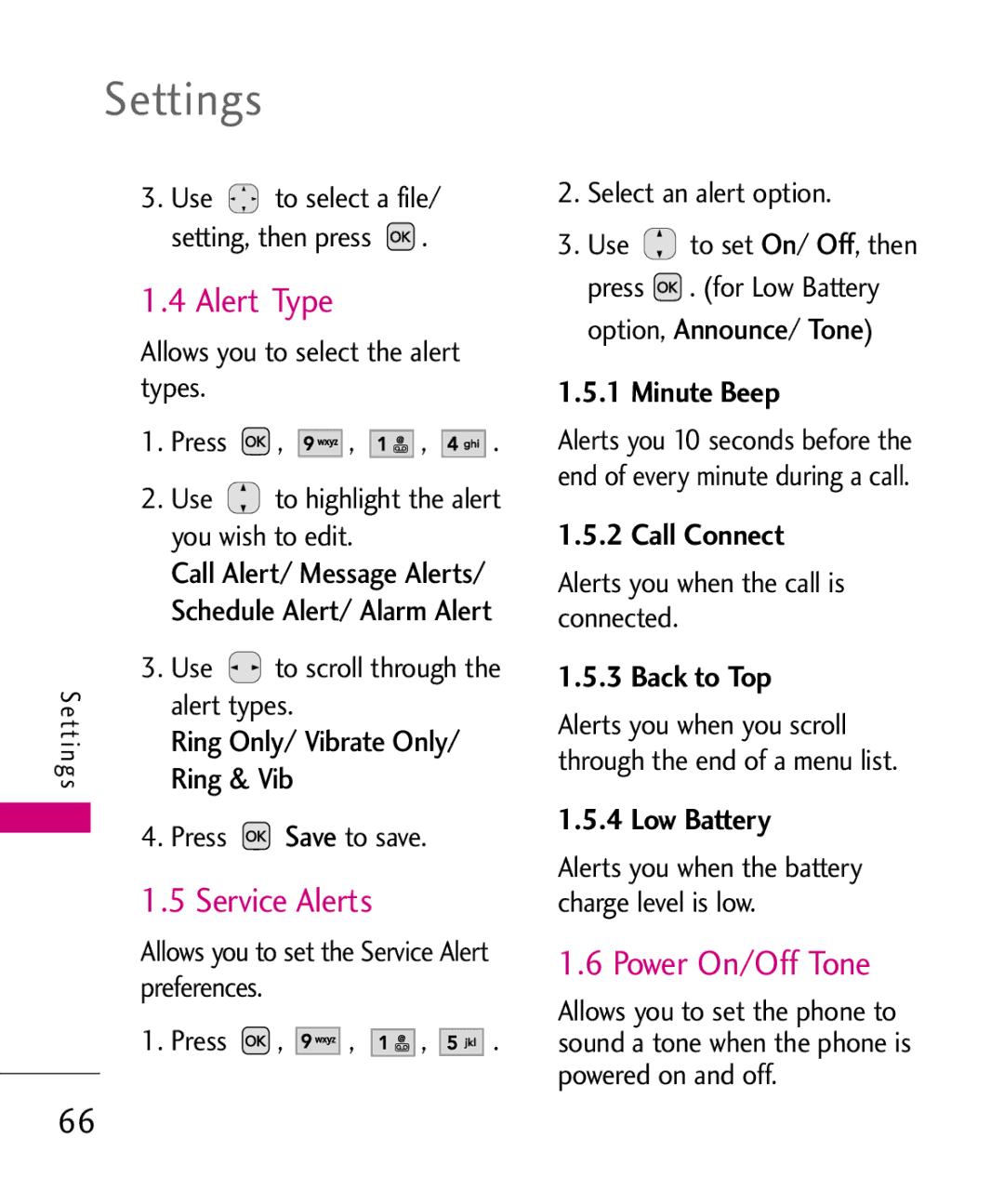 LG Electronics AX310, MMBB0347401 manual Alert Type, Service Alerts, Power On/Off Tone 