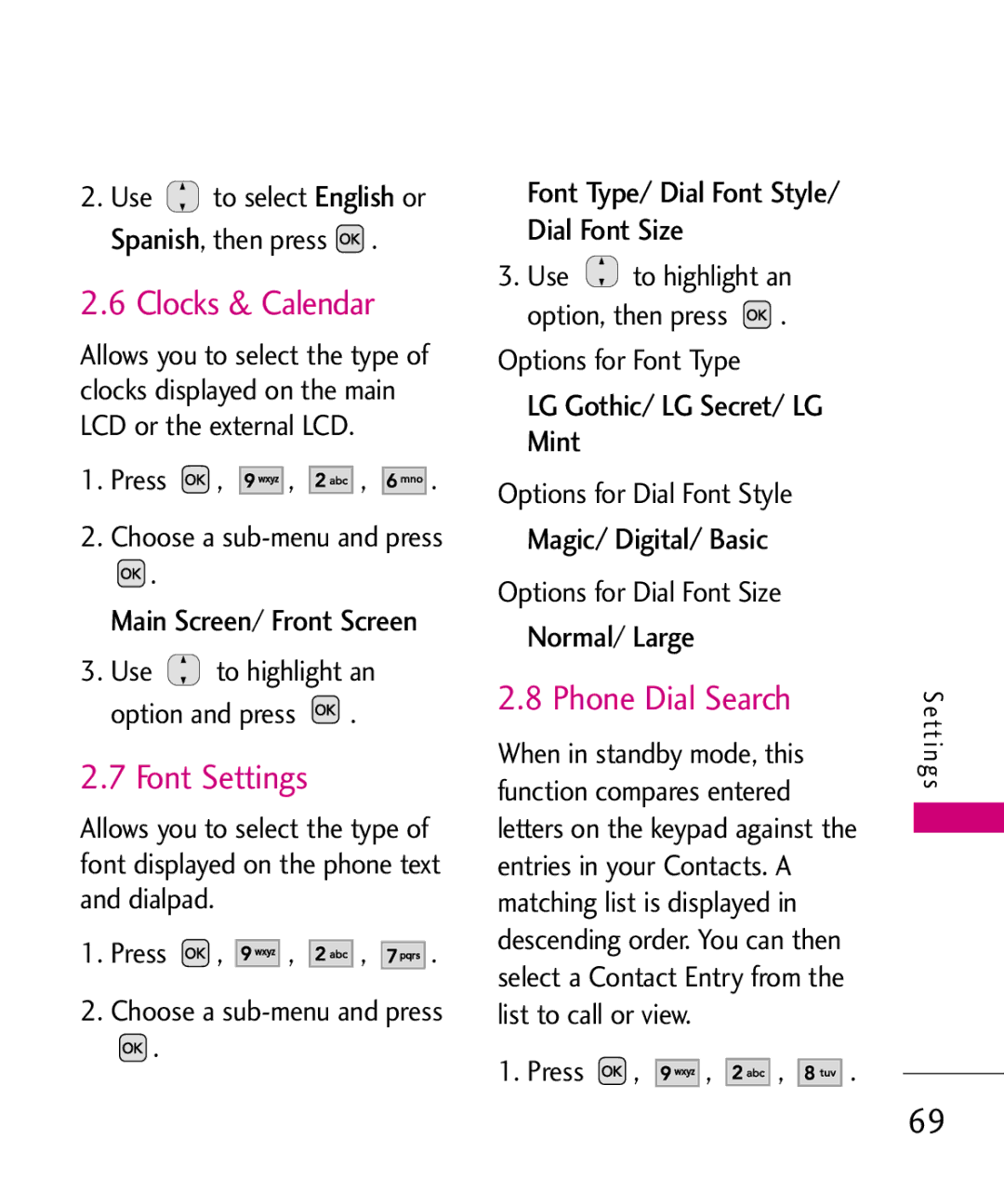 LG Electronics MMBB0347401, AX310 manual Clocks & Calendar, Font Settings, Phone Dial Search, Main Screen/ Front Screen 