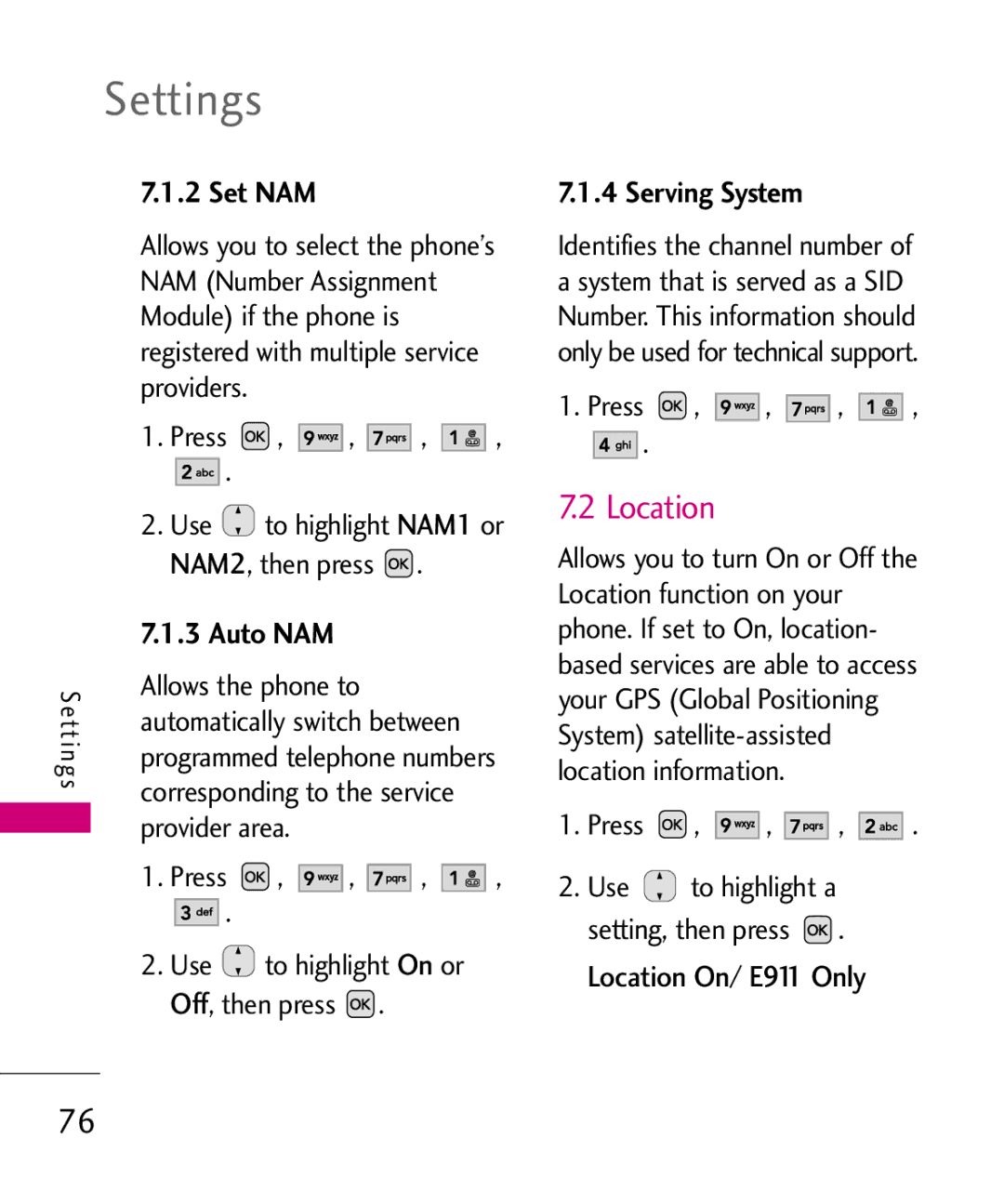 LG Electronics AX310, MMBB0347401 manual Set NAM, Auto NAM, Serving System, Location On/ E911 Only 