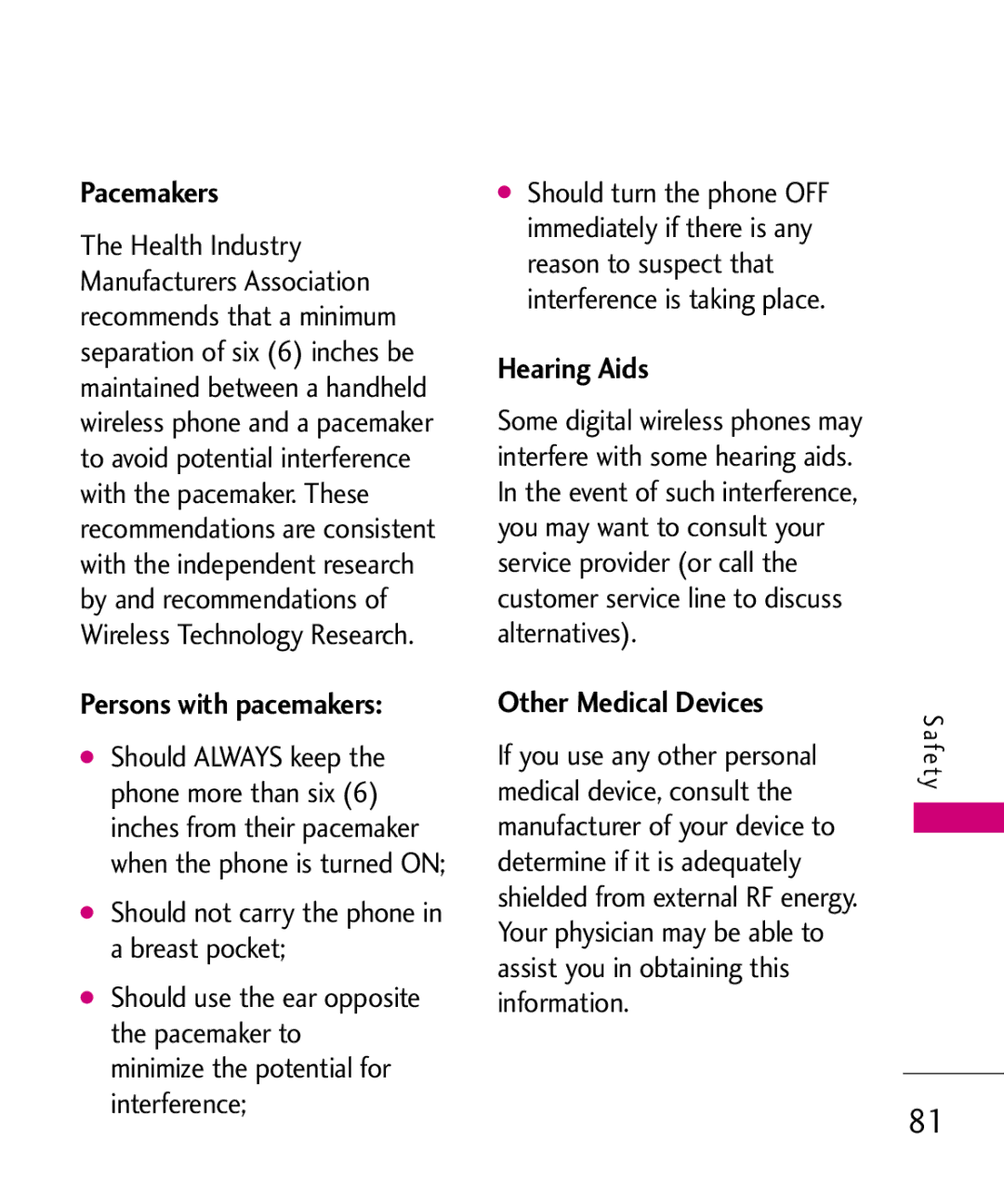 LG Electronics MMBB0347401, AX310 manual Pacemakers, Persons with pacemakers, Hearing Aids, Other Medical Devices 