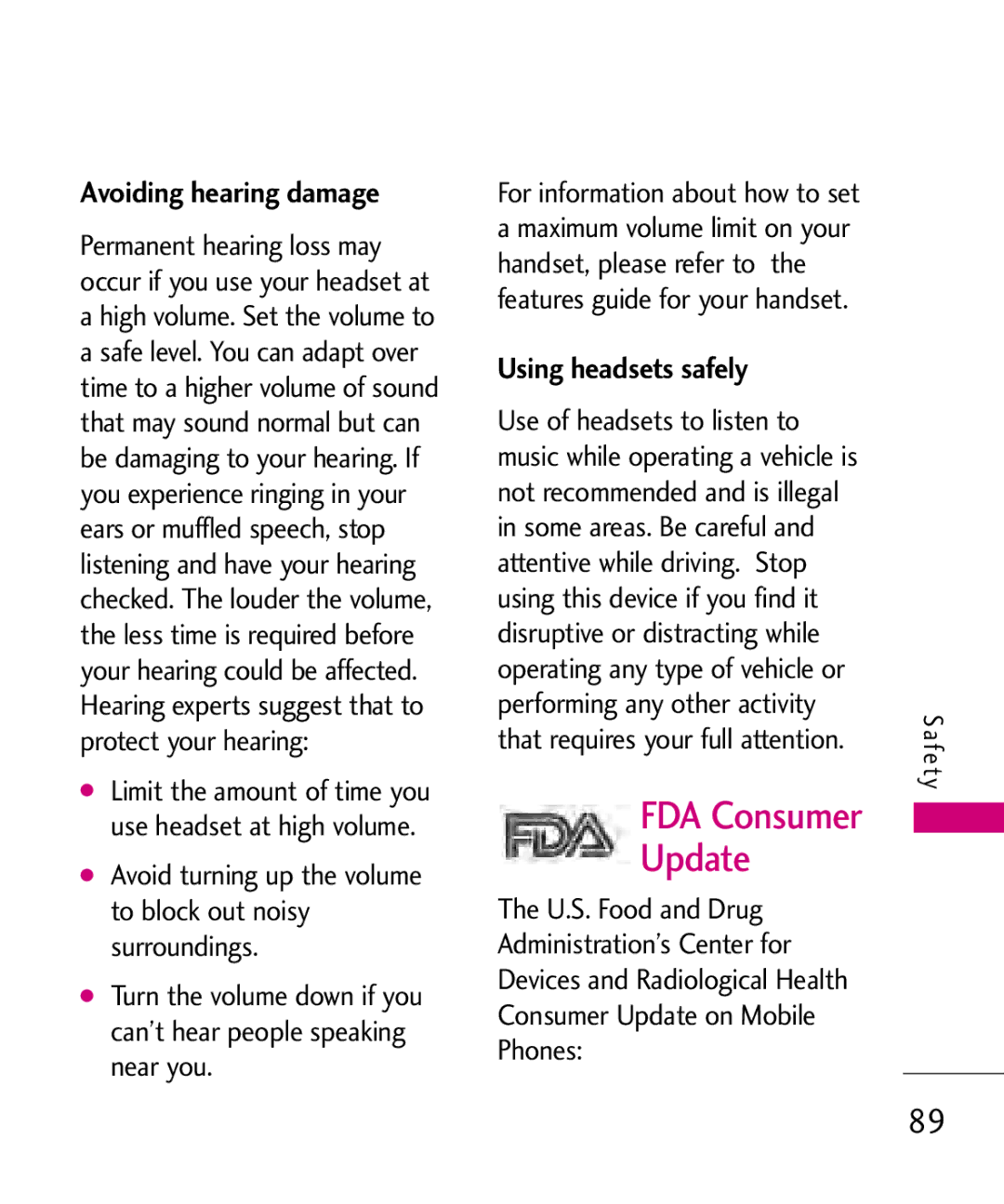 LG Electronics MMBB0347401, AX310 manual FDA Consumer Update, Using headsets safely 