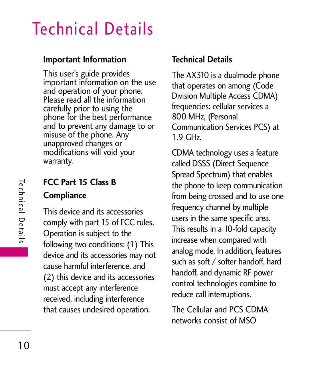 LG Electronics AX310, MMBB0347401 manual Technical Details, Important Information, FCC Part 15 Class B, Compliance 
