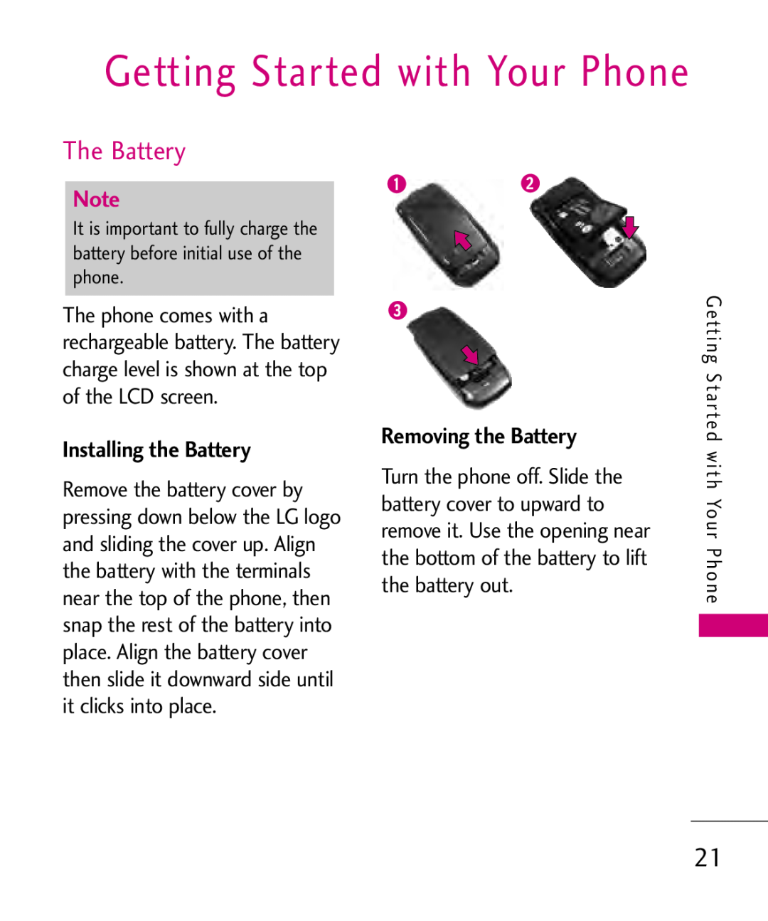 LG Electronics MMBB0347401 Getting Started with Your Phone, The Battery, Installing the Battery, Removing the Battery 