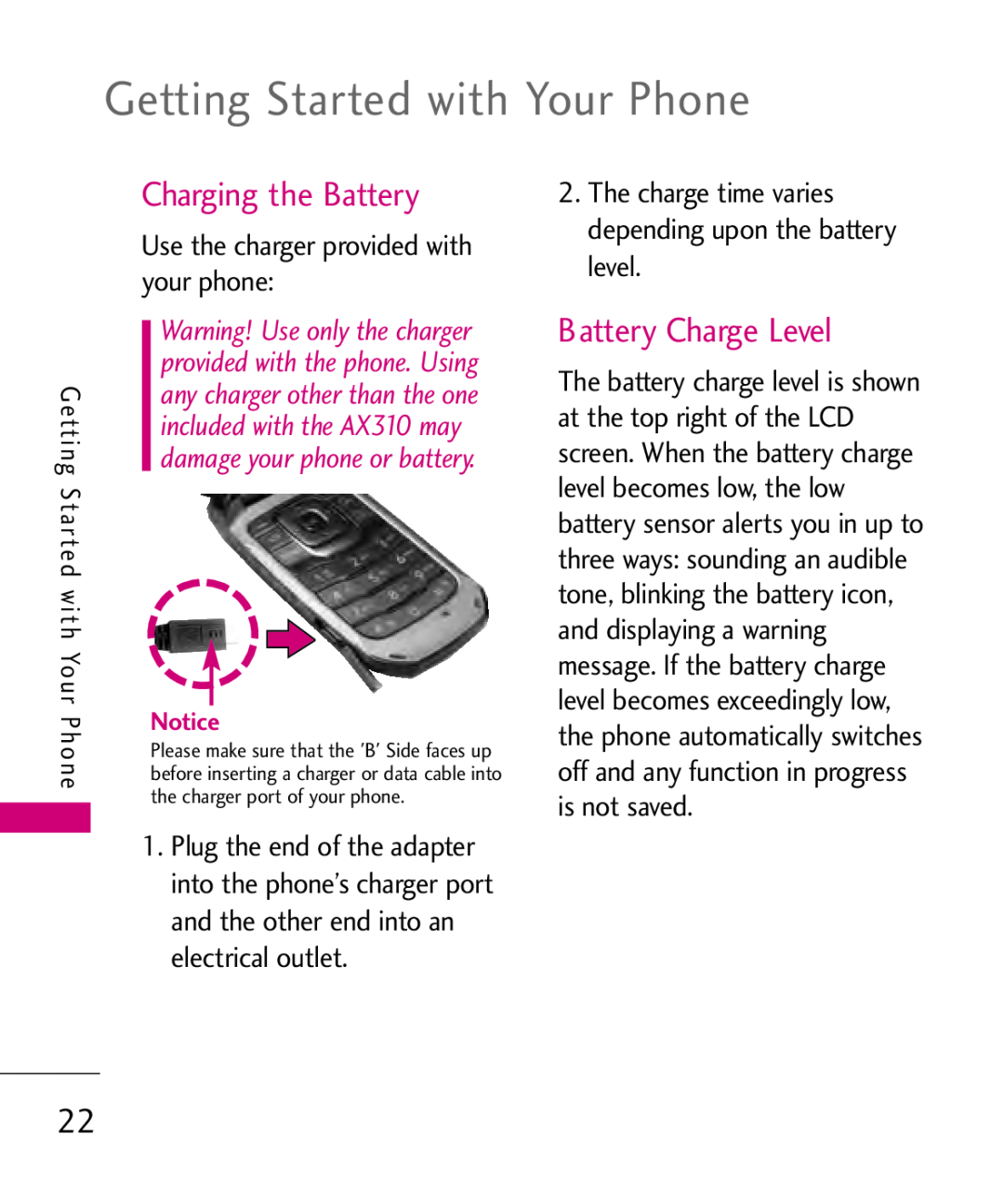 LG Electronics AX310, MMBB0347401 manual Getting Started with Your Phone, Charging the Battery, Battery Charge Level 