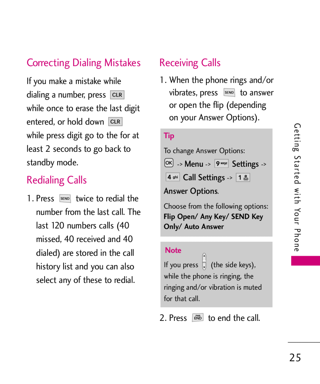 LG Electronics MMBB0347401, AX310 manual Redialing Calls, Receiving Calls, Correcting Dialing Mistakes 