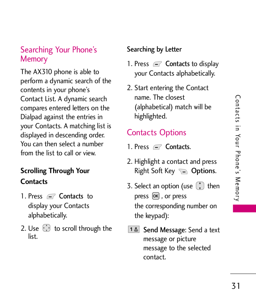 LG Electronics MMBB0347401, AX310 manual Searching Your Phone’s Memory, Contacts Options, Scrolling Through Your Contacts 