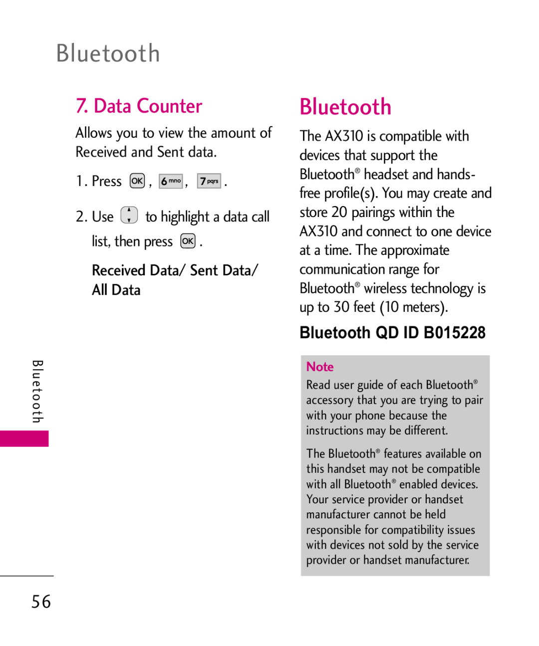 LG Electronics AX310, MMBB0347401 manual Bluetooth, Data Counter, Received Data/ Sent Data/ All Data 