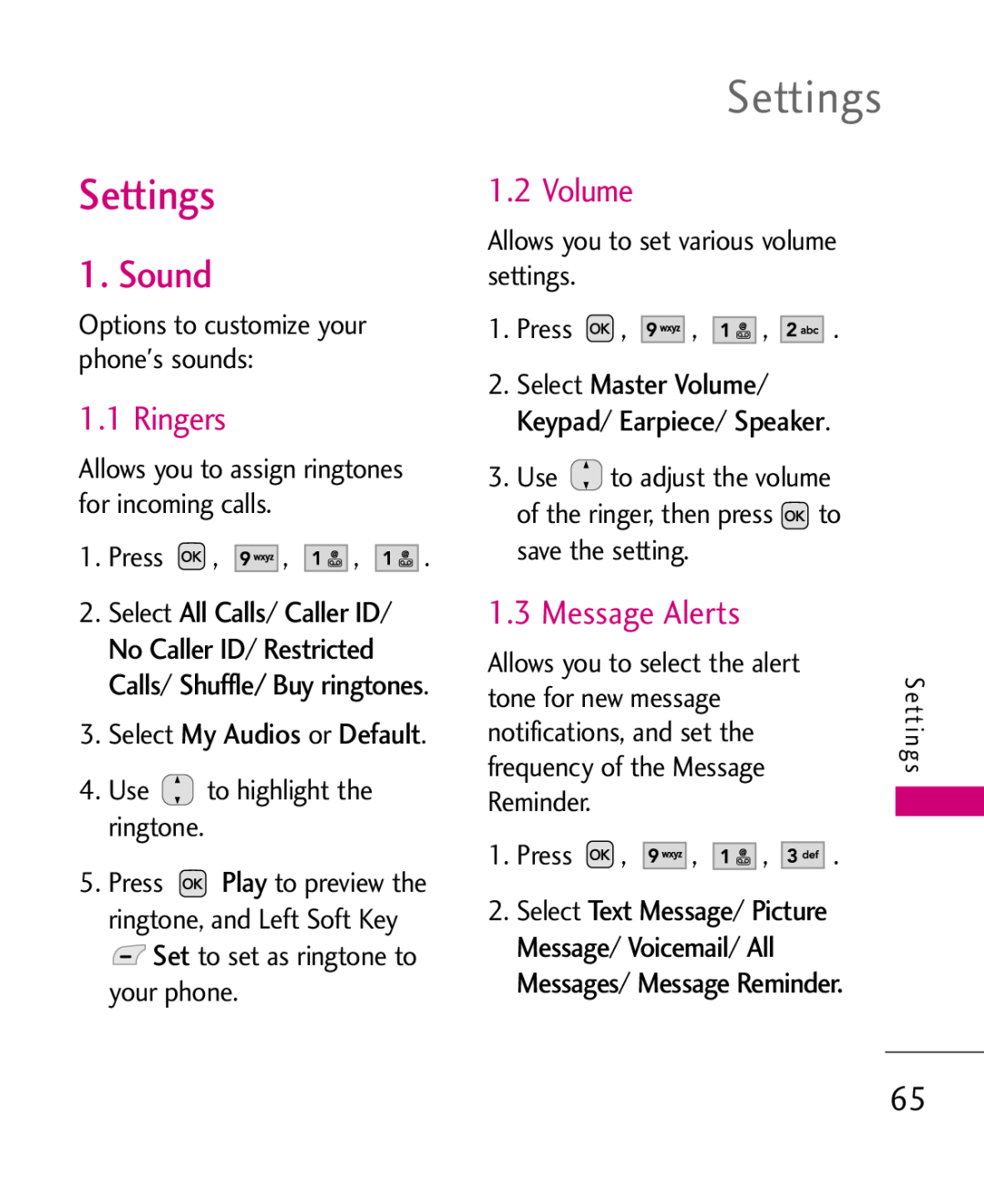 LG Electronics MMBB0347401, AX310 manual Settings, Sound, Ringers, Message Alerts, Master Volume 