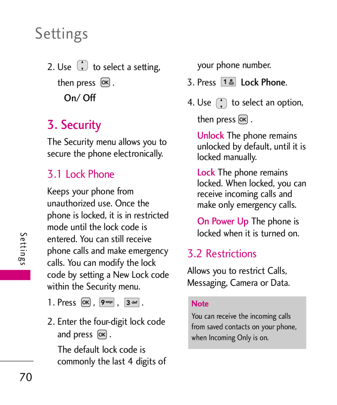 LG Electronics AX310, MMBB0347401 manual Security, Restrictions, Lock, Unlock, Settings 