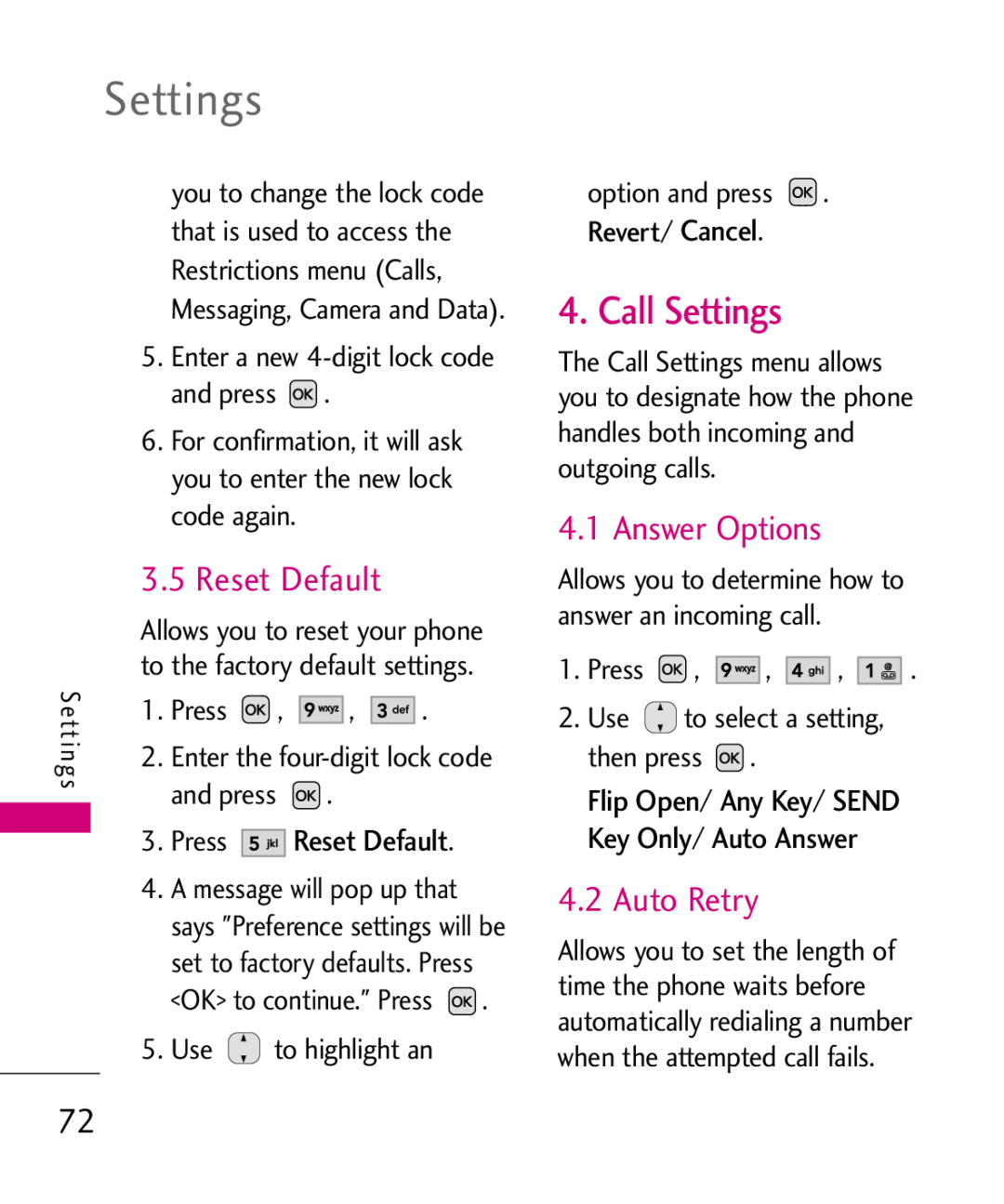 LG Electronics AX310, MMBB0347401 manual Call Settings, Reset Default, Auto Retry, Press, and press, Answer Options 