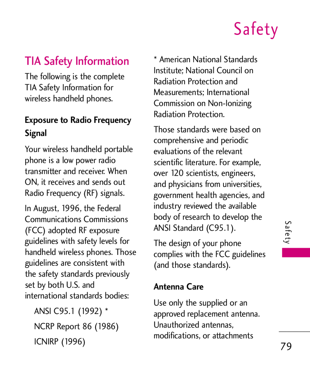 LG Electronics MMBB0347401, AX310 manual TIA Safety Information, Exposure to Radio Frequency Signal, Antenna Care 