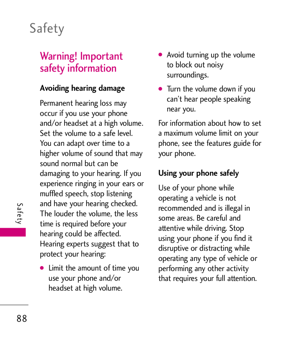 LG Electronics AX310 manual Warning! Important safety information, Avoiding hearing damage, Using your phone safely, Safety 