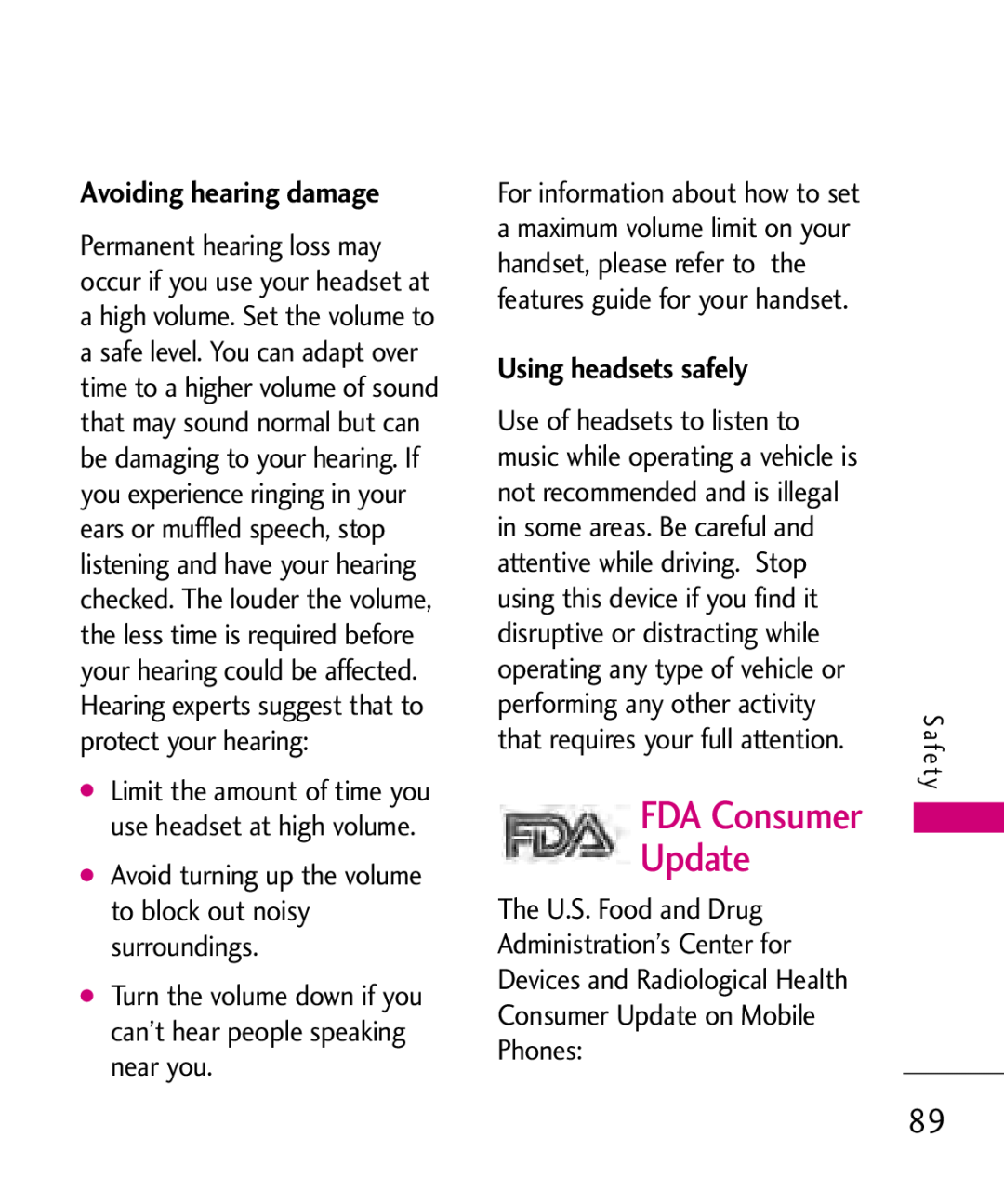 LG Electronics MMBB0347401, AX310 manual FDA Consumer Update, Using headsets safely, Avoiding hearing damage 
