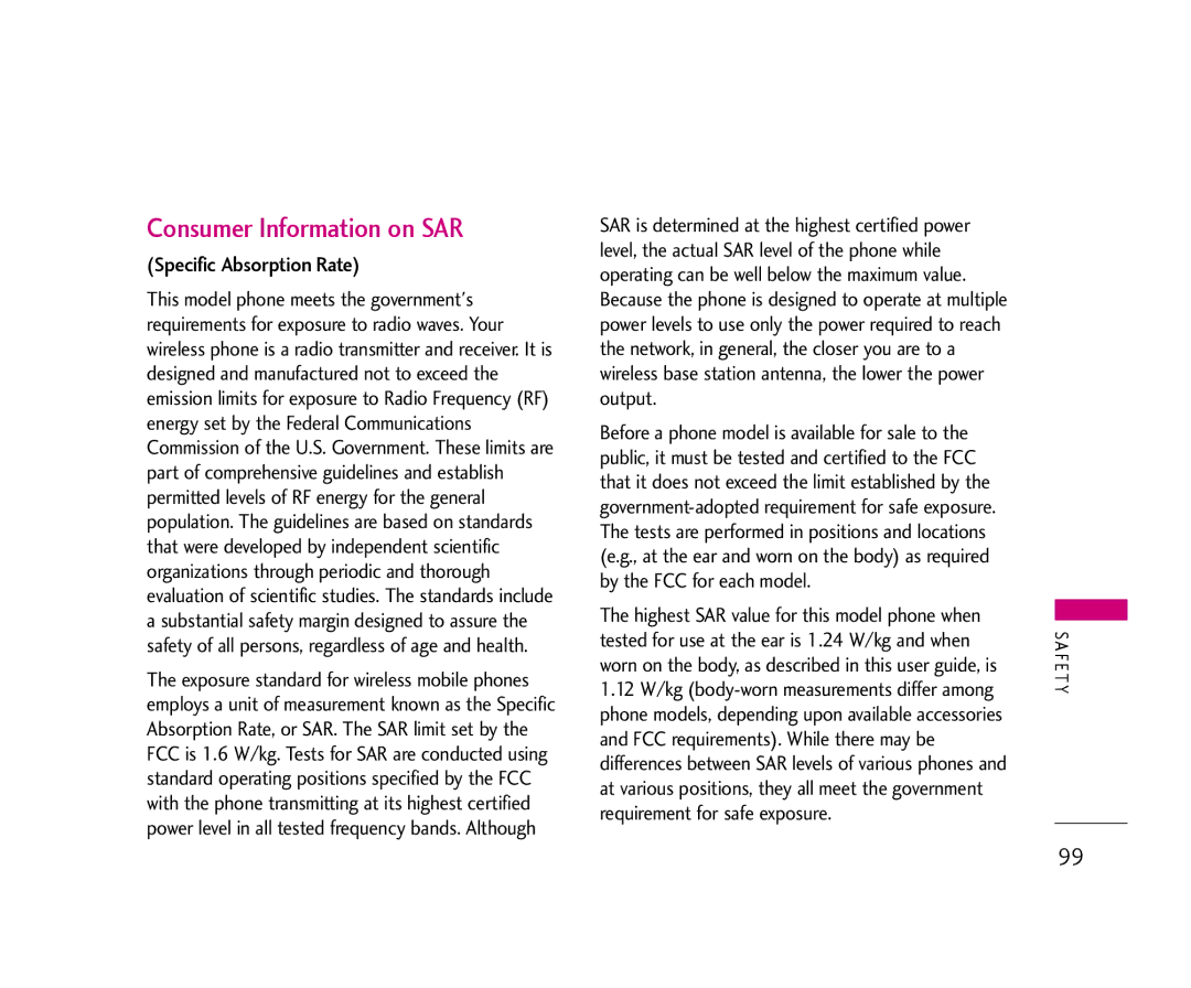 LG Electronics AX355 manual Consumer Information on SAR, Specific Absorption Rate 