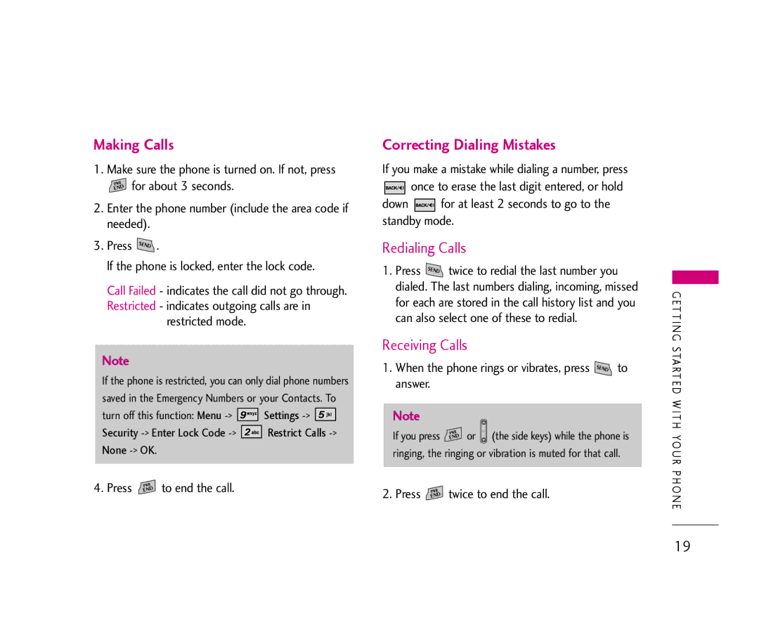 LG Electronics AX355 manual Making Calls, Correcting Dialing Mistakes, Restricted mode, Press To end the call 