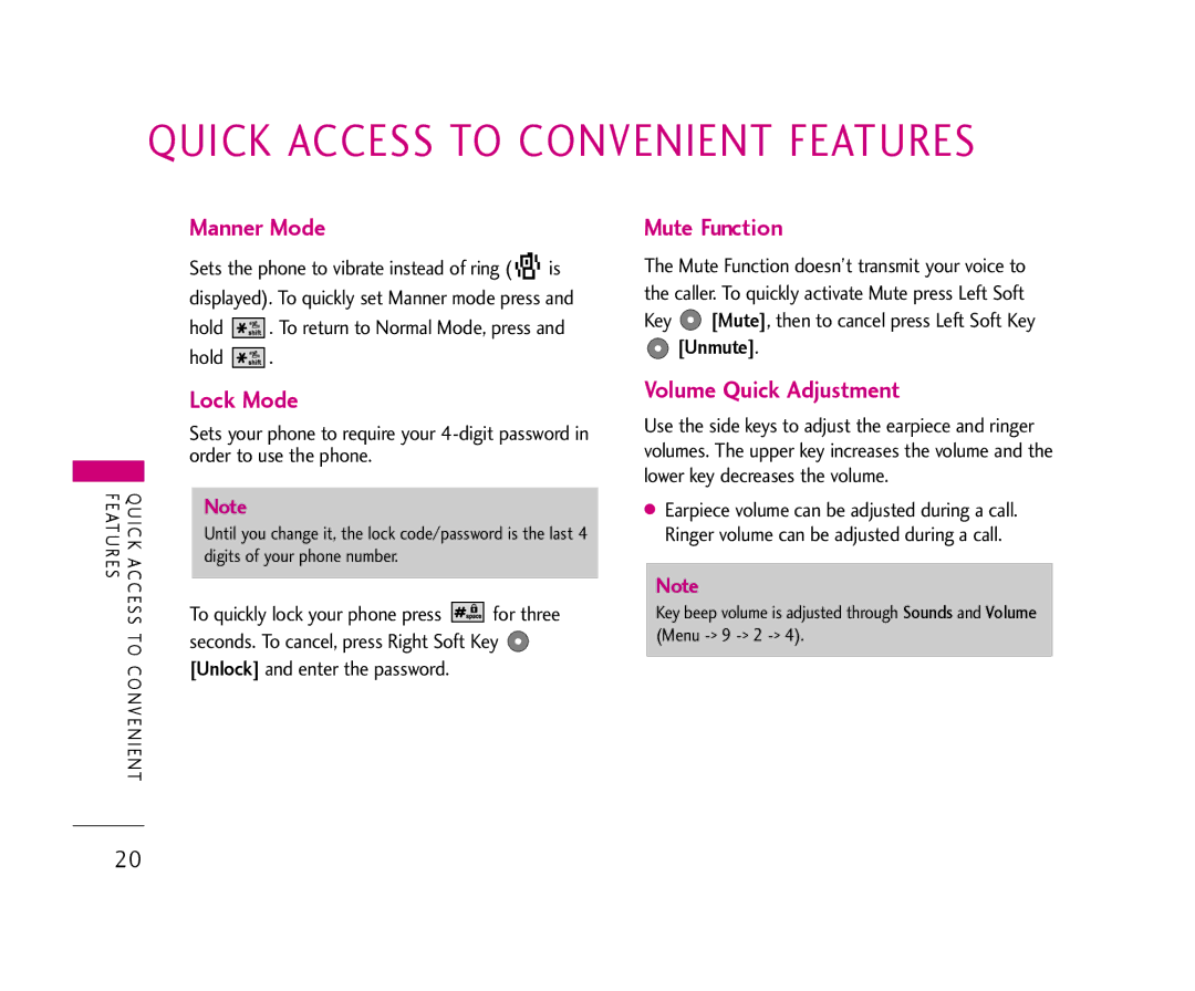 LG Electronics AX355 manual Manner Mode, Mute Function, Lock Mode, Volume Quick Adjustment, Unmute 