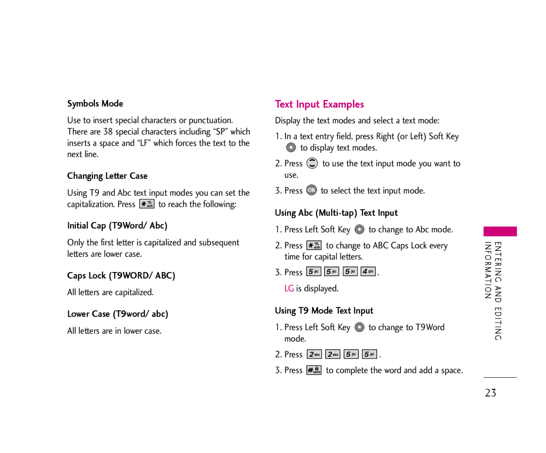 LG Electronics AX355 manual Text Input Examples 