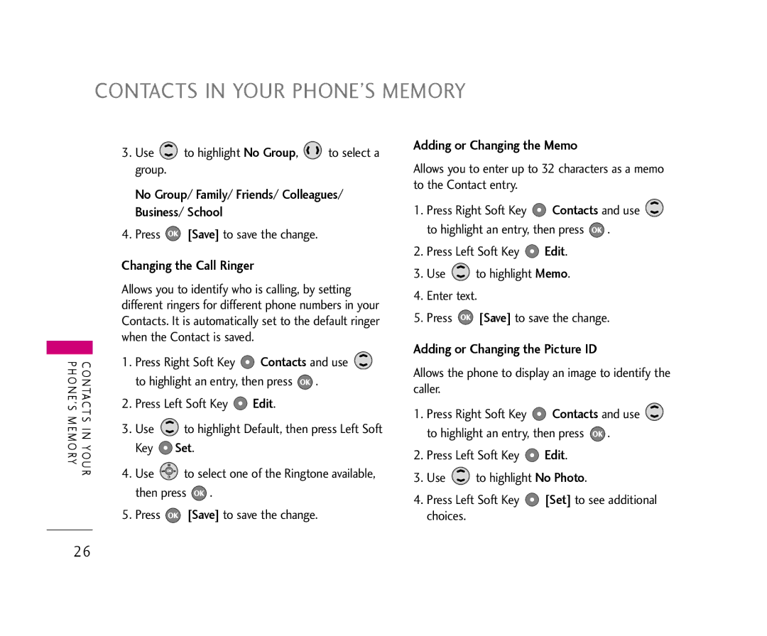 LG Electronics AX355 manual Contacts in Your PHONE’S Memory, No Group/ Family/ Friends/ Colleagues/ Business/ School 