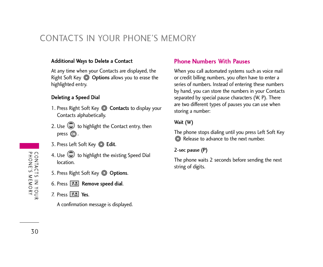 LG Electronics AX355 manual Phone Numbers With Pauses, Additional Ways to Delete a Contact, Deleting a Speed Dial 