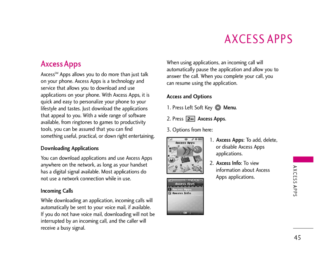LG Electronics AX355 manual Axcess Apps, Downloading Applications, Incoming Calls, Menu 