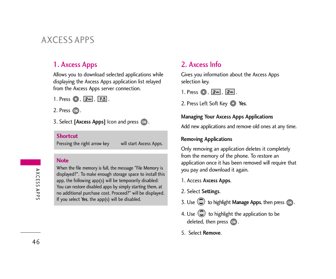 LG Electronics AX355 manual Axcess Info, Managing Your Axcess Apps Applications, Removing Applications 