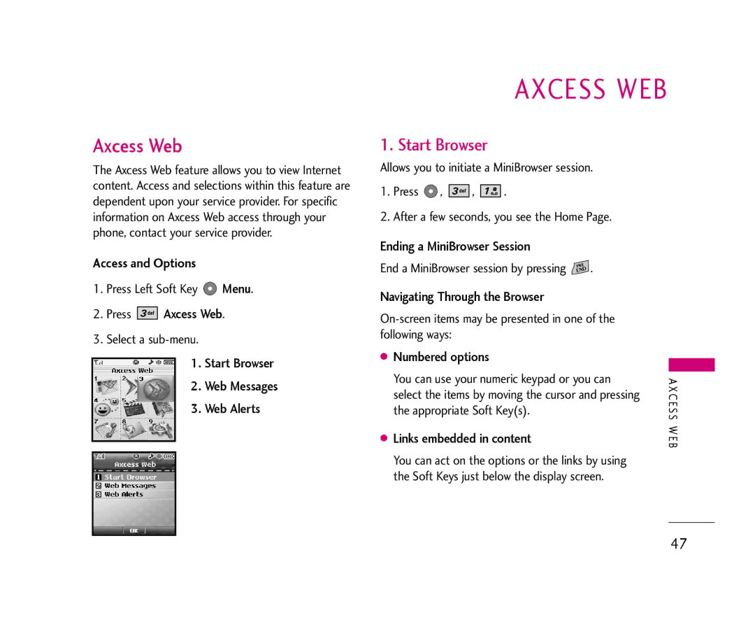 LG Electronics AX355 manual Axcess WEB, Start Browser 