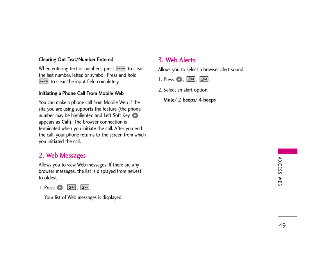 LG Electronics AX355 Web Messages, Web Alerts, Clearing Out Text/Number Entered, Initiating a Phone Call From Mobile Web 