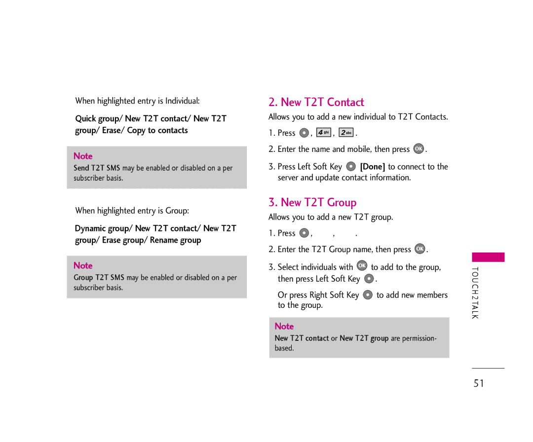 LG Electronics AX355 manual New T2T Contact, New T2T Group, Press Enter the name and mobile, then press 