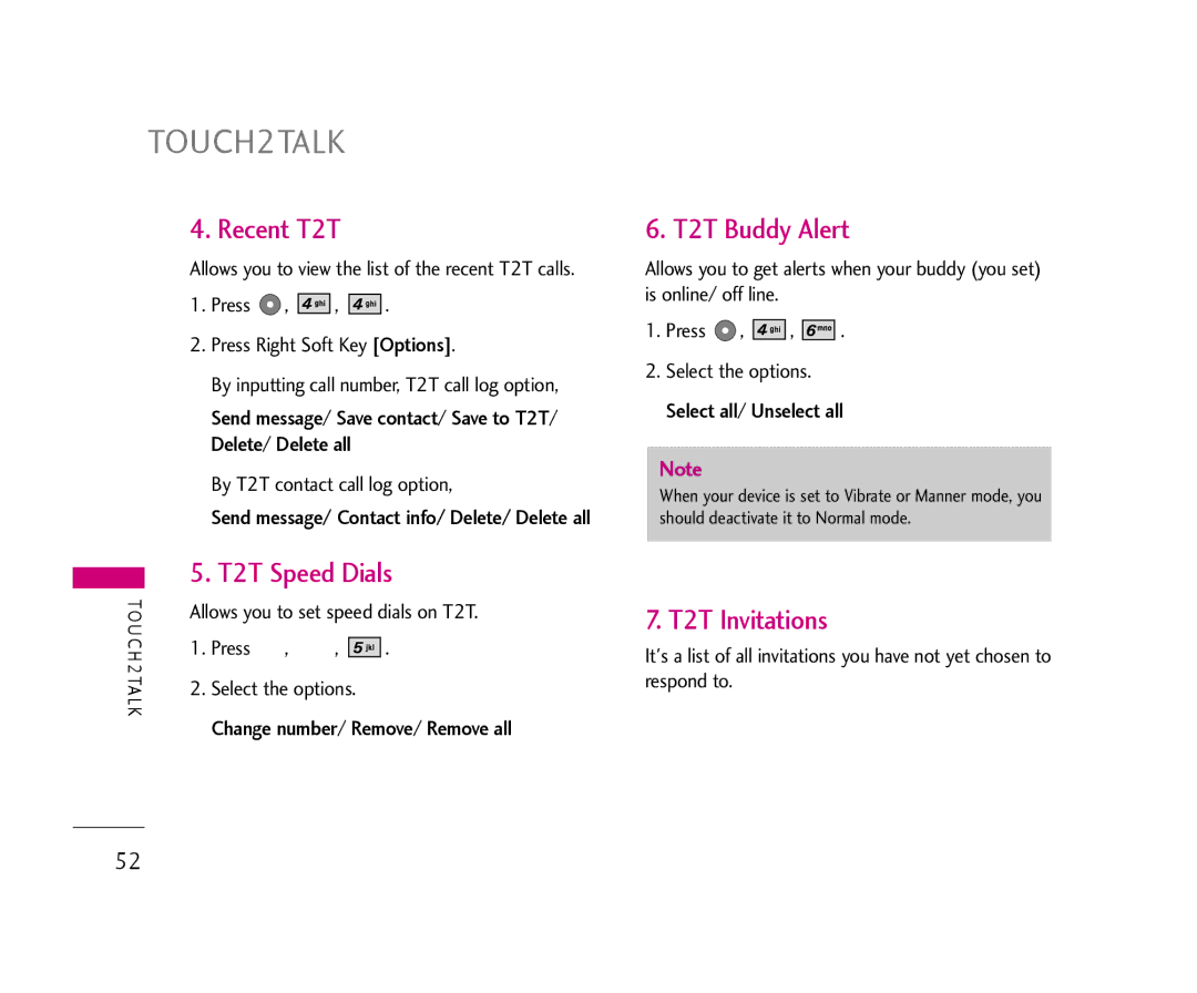 LG Electronics AX355 manual TOUCH2TALK, Recent T2T, T2T Buddy Alert, T2T Speed Dials, T2T Invitations 